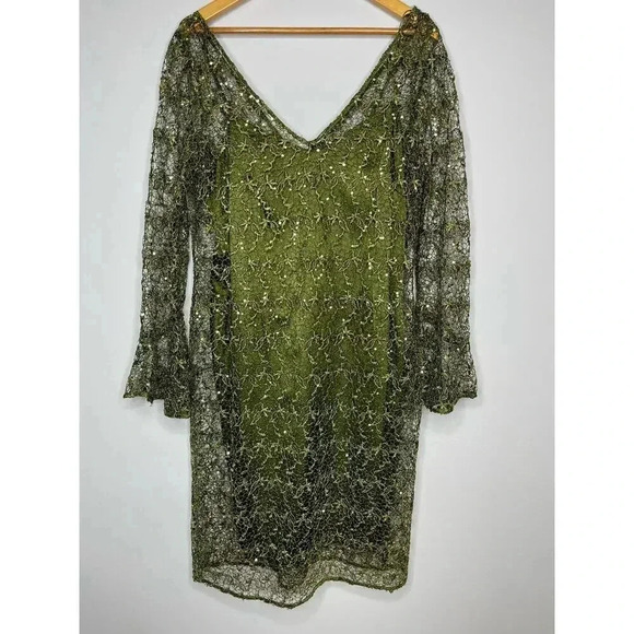 Kay Unger Olive Green sequined mini dress size 8 cocktail holiday - Picture 9 of 12